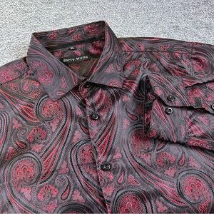 Barry Wang Shirt Mens XL Red Wine  Paisley Jacquard Dress Button Up Long Sleeve